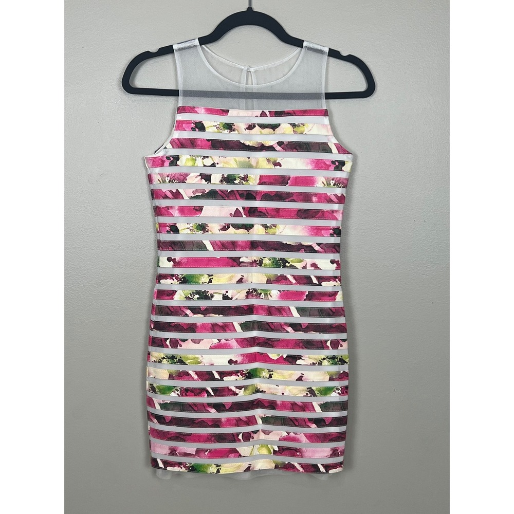Elisa B Girls Floral Mesh Striped Sleeveless Sheath Dress Pink White Size 14